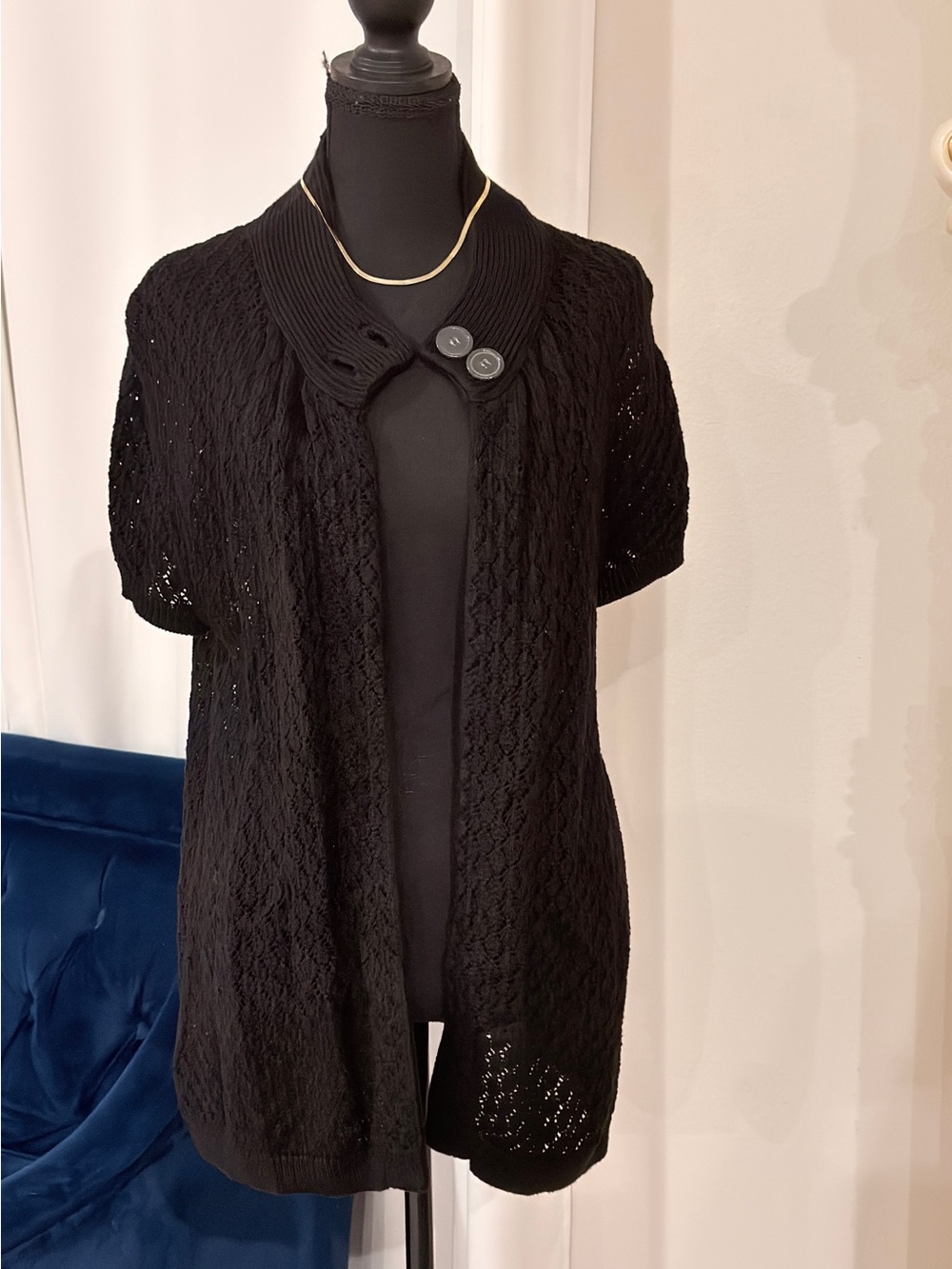 Black Short-Sleeve Openwork Button-Accent Cardigan